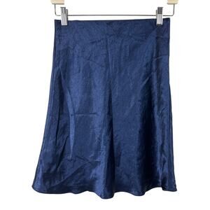 Babaton Aritzia navy satin skirt with bias-cut drape, flared hem, pull-on waistb